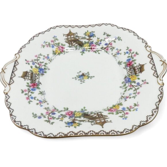 AYNSLEY Square Handle Floral and PAGODA England Cake Plate Vintage 10" - Picture 5 of 11